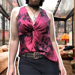 Ann Taylor Burgundy and Black Floral Inkburst Silk Tank Top, Size S